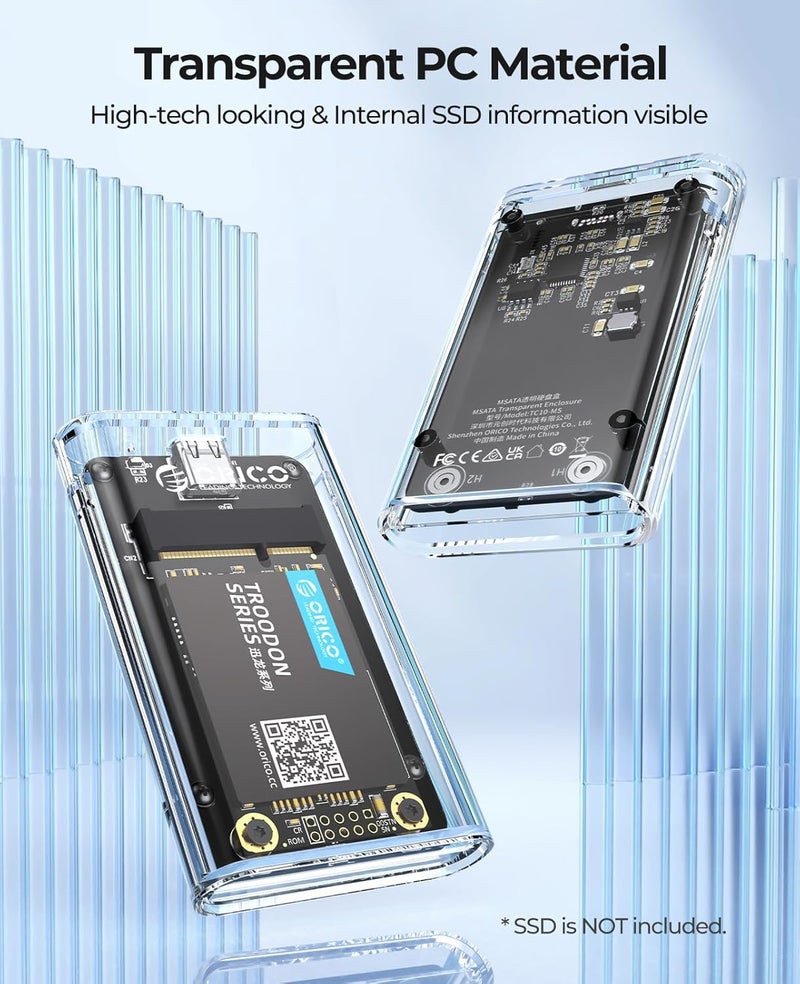 Orico حاوية SSD mSATA USB 3.0، محول SSD خارجي شفاف بسرعة 5Gbps مع كابل USB-C إلى C/A، دعم UASP و TRIM، سعة تصل إلى 2TB، علبة كمبيوتر محمولة لـ 3050 mSATA SSD - Image 5